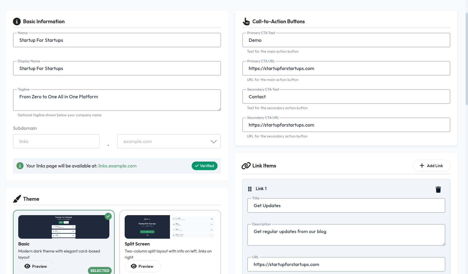 Create and edit link pages with unlimited links